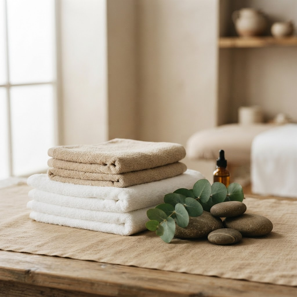 A calming spa setting with folded towels, smooth stones, and eucalyptus